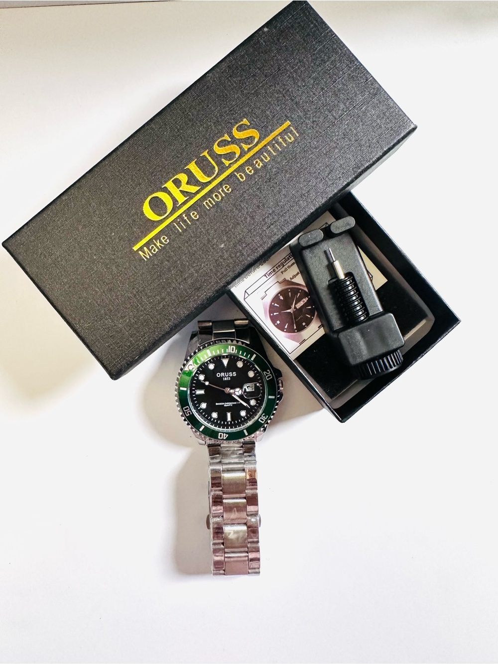 NWT Oruss 1853 Quartz Green Bezel UNTESTED  Bracelet Watch/ with Tool